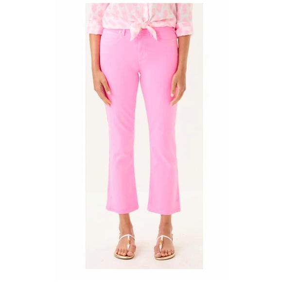 ANNET HIGH RISE CROP FLARE JEAN, CONCH SHELL PINK SUNNY DAISIES
